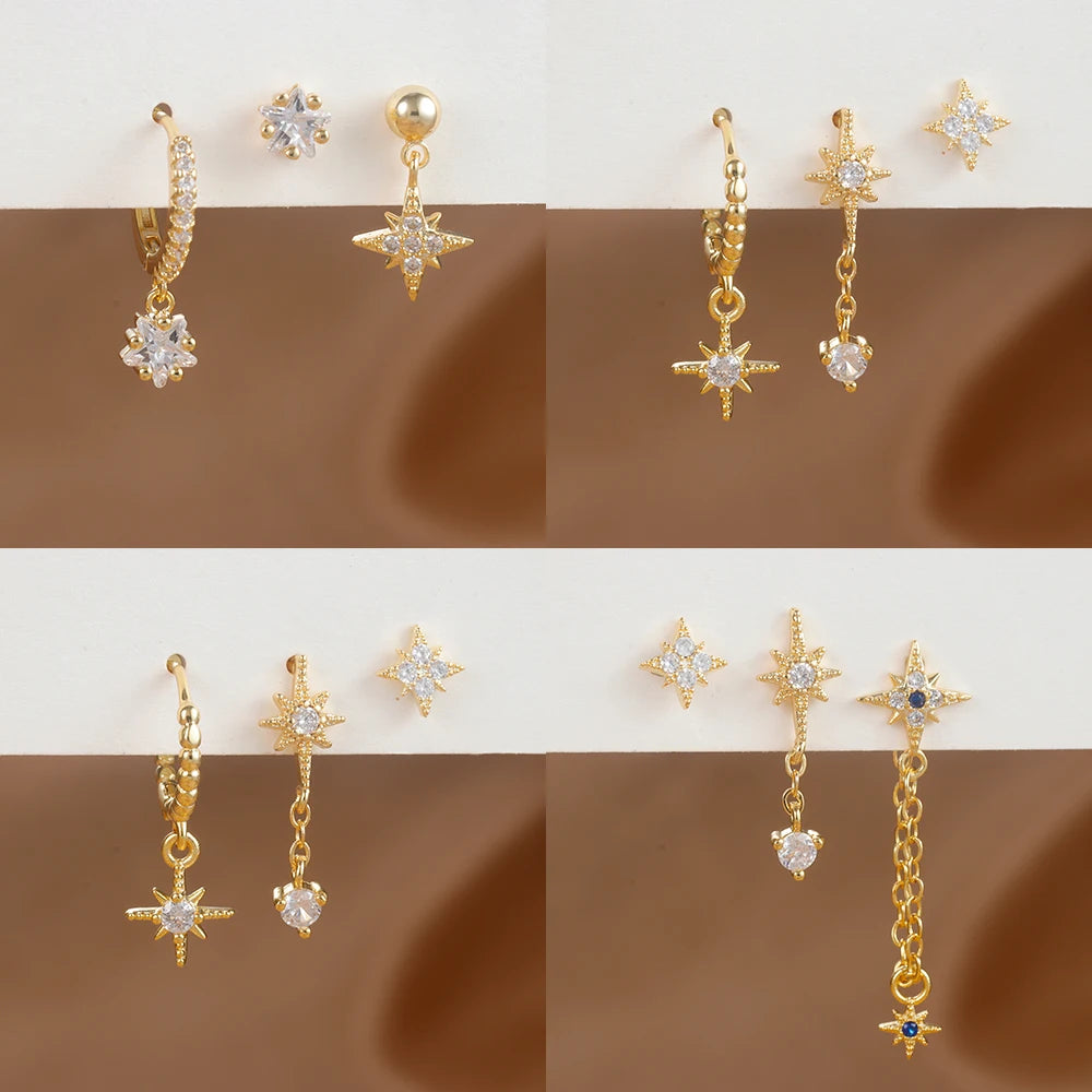 3PCS Gold Color Star Earrings Set for Women Zircon Pendant Stainless Steel Hoop Earring Trend Wedding Jewelry pendientes mujer