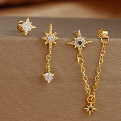 3PCS Gold Color Star Earrings Set for Women Zircon Pendant Stainless Steel Hoop Earring Trend Wedding Jewelry pendientes mujer